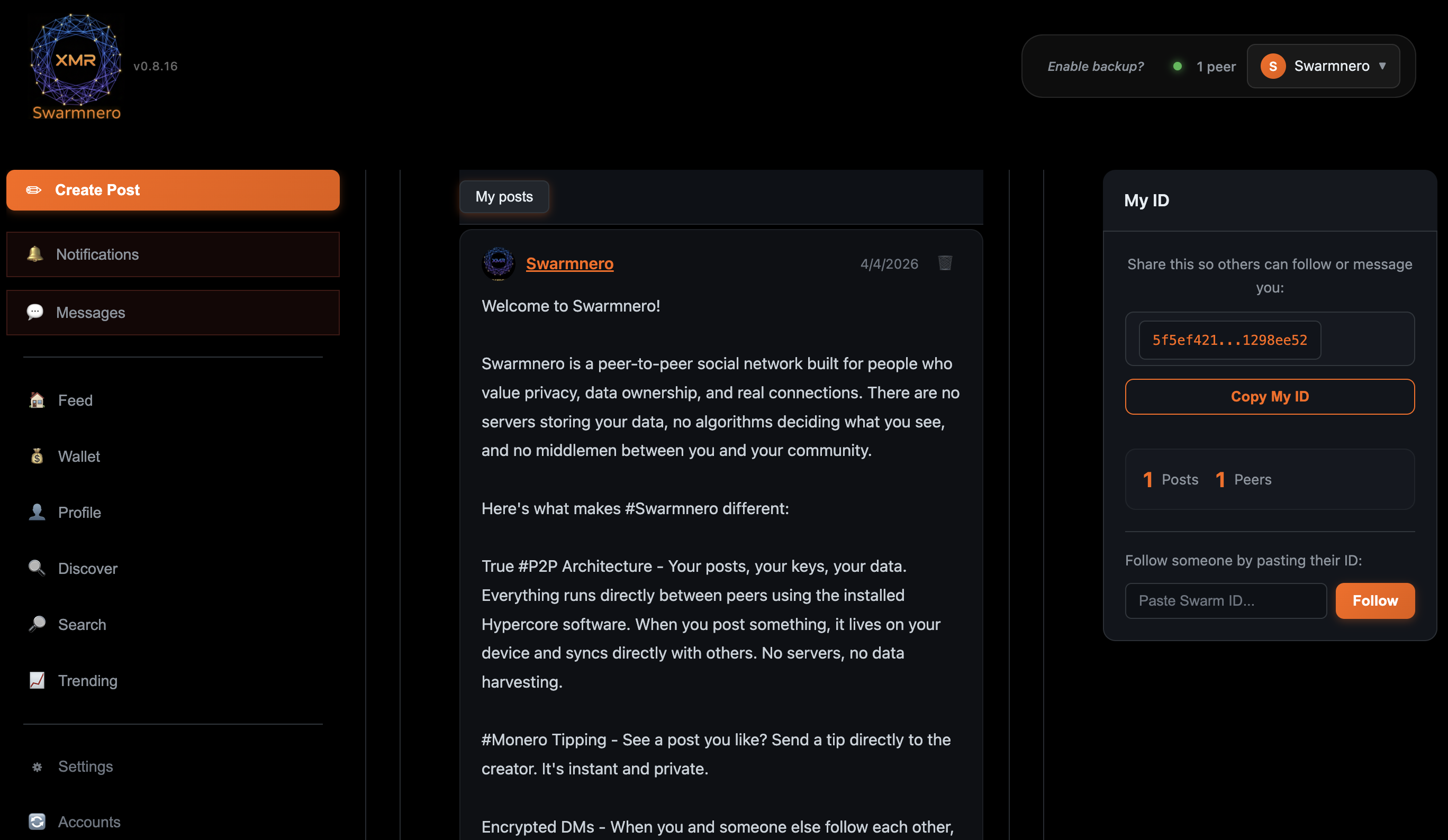 Swarmnero app home screen